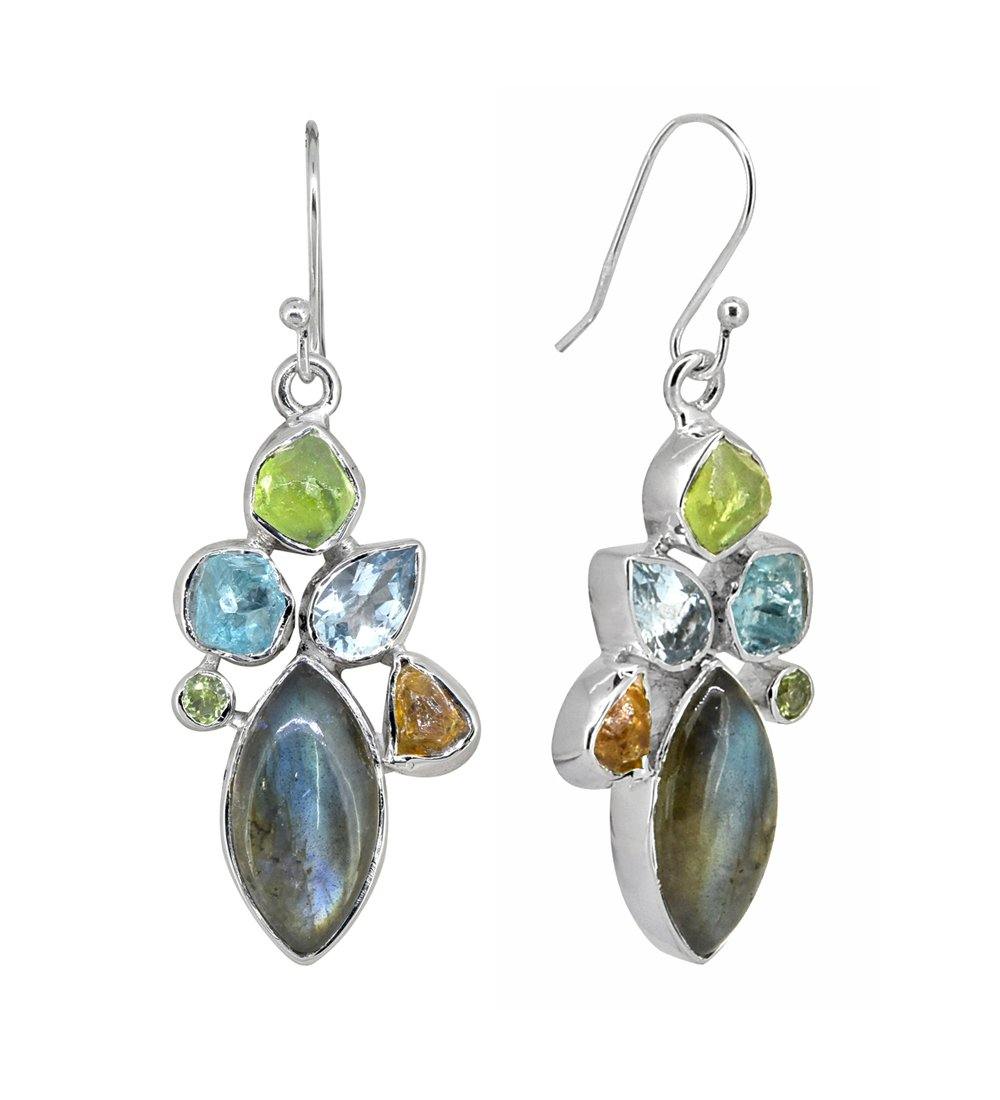 Labradorite Multi Gemstone Solid 925 Sterling Silver Dangle Earrings Jewelry - YoTreasure