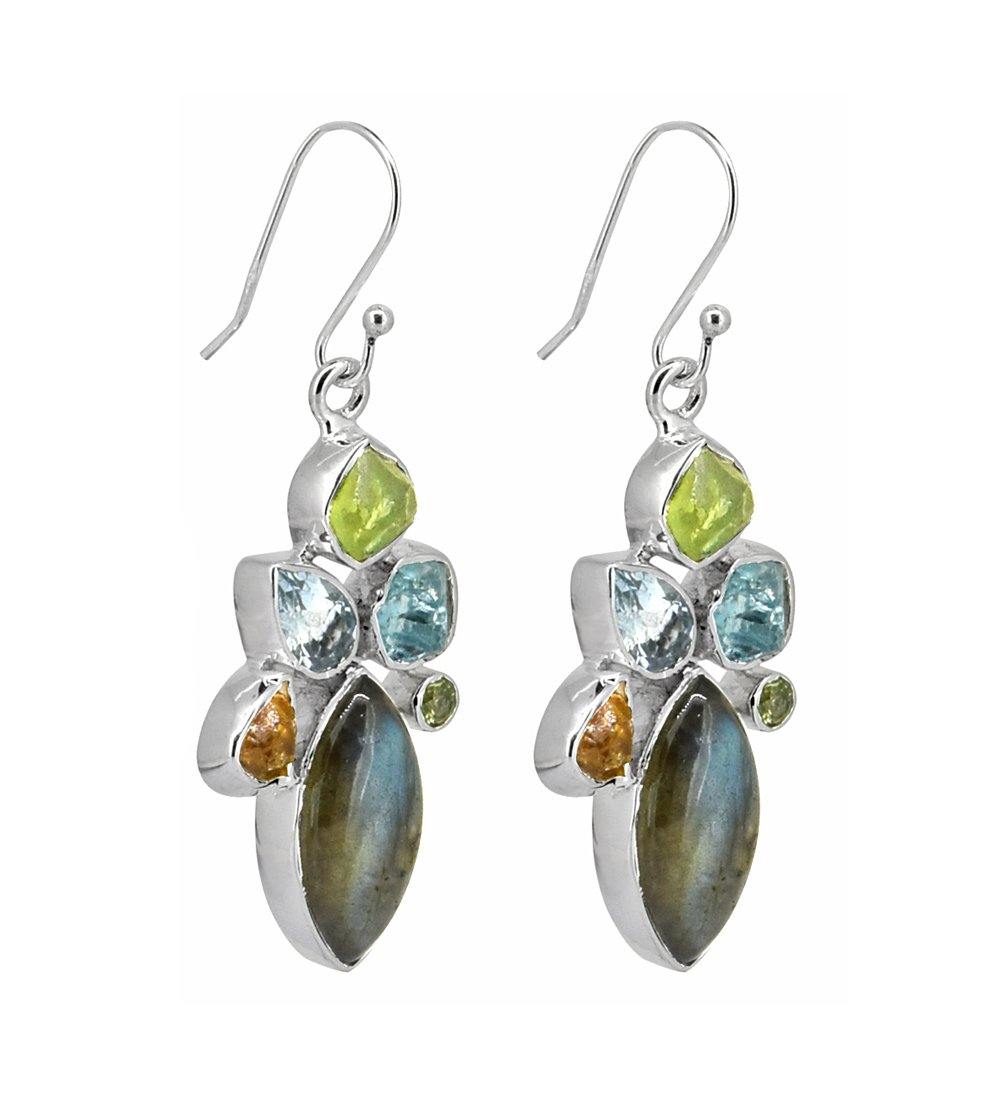 Labradorite Multi Gemstone Solid 925 Sterling Silver Dangle Earrings Jewelry - YoTreasure