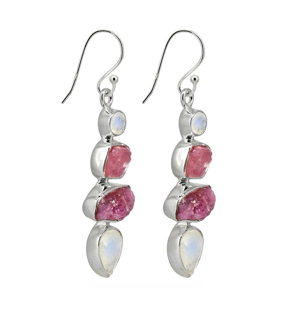 Rough Pink Tourmaline Solid 925 Sterling Silver Dangle Earrings - YoTreasure