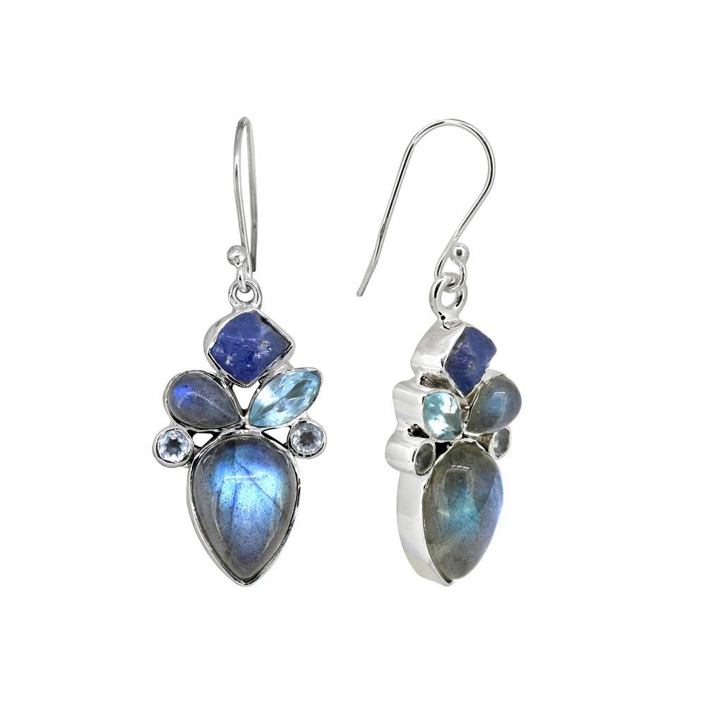 Rough Tanzanite Labradorite Blue topaz Labradorite Solid 925 Sterling Silver Dangle Earrings Jewelry - YoTreasure