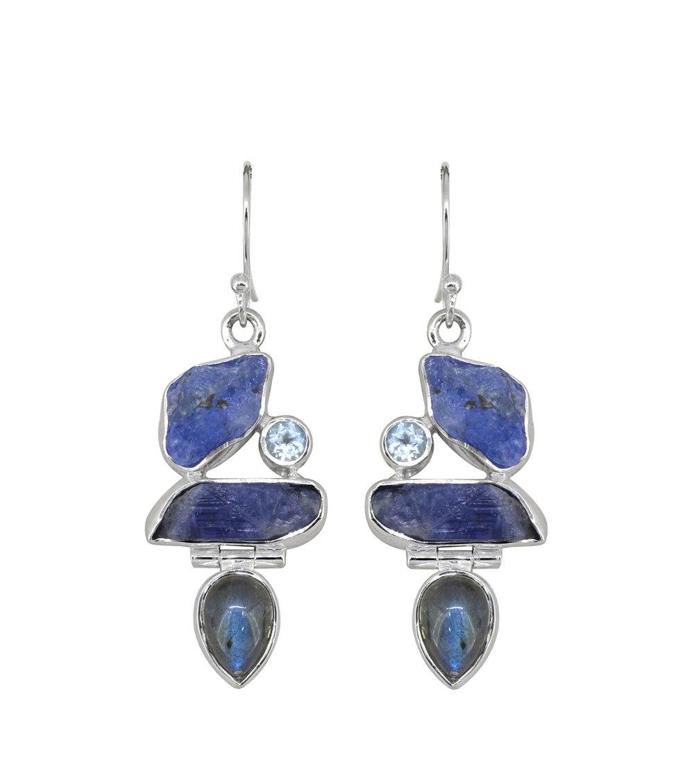 Raw Tanzanite Labradorite Solid 925 Sterling Silver Dangle Earrings - YoTreasure