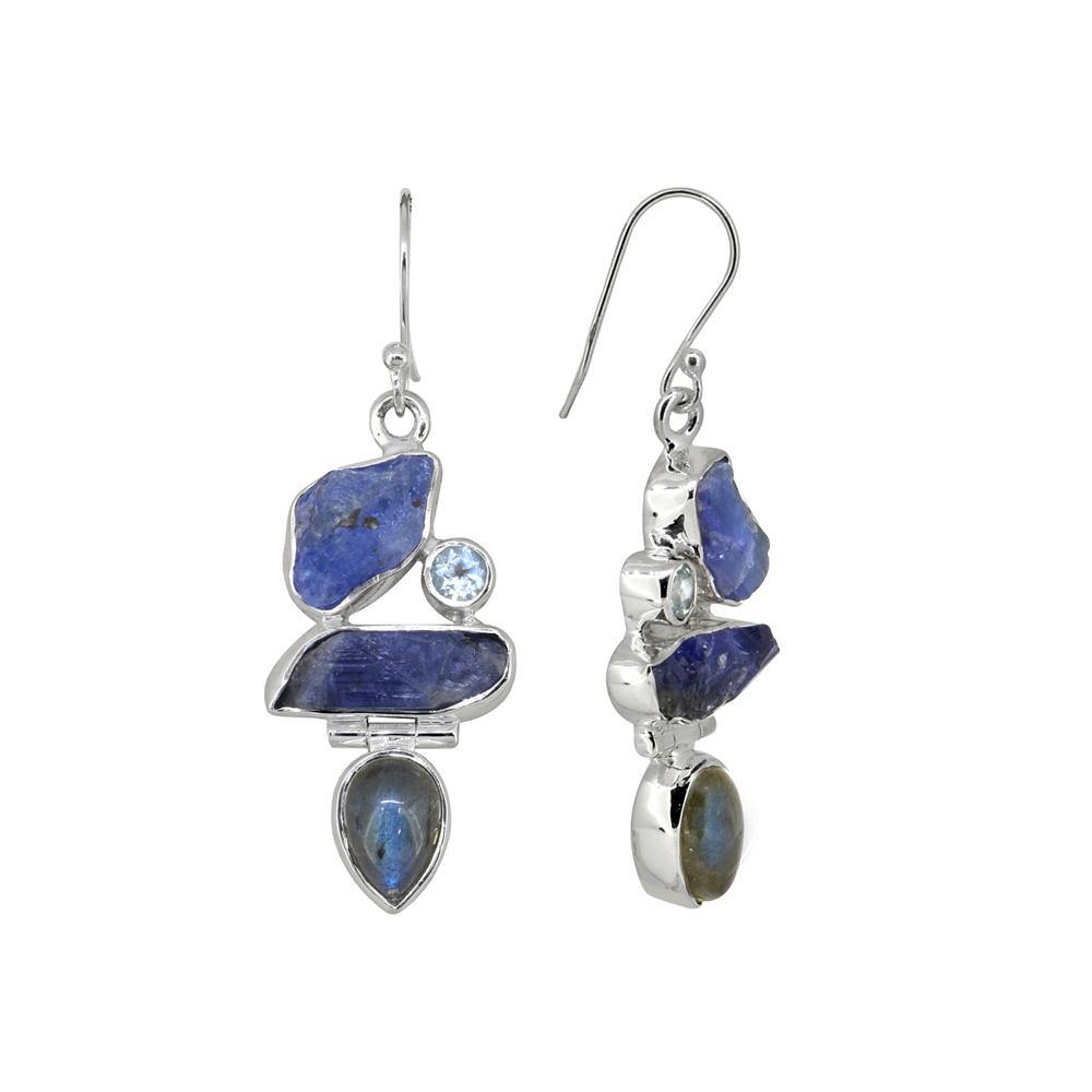 Raw Tanzanite Labradorite Solid 925 Sterling Silver Dangle Earrings - YoTreasure