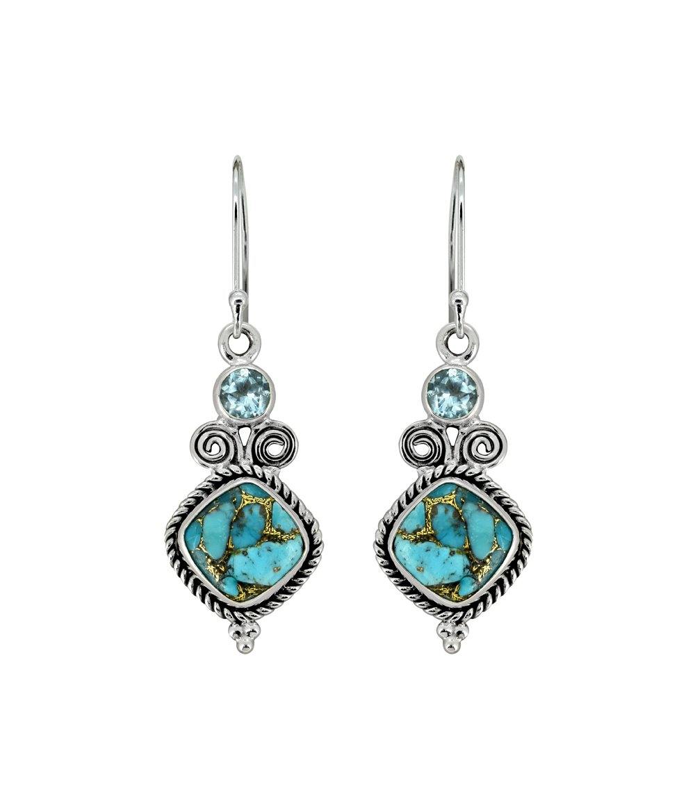 1.81" Blue Copper Turquoise Solid 925 Sterling Silver Dangle Earrings - YoTreasure