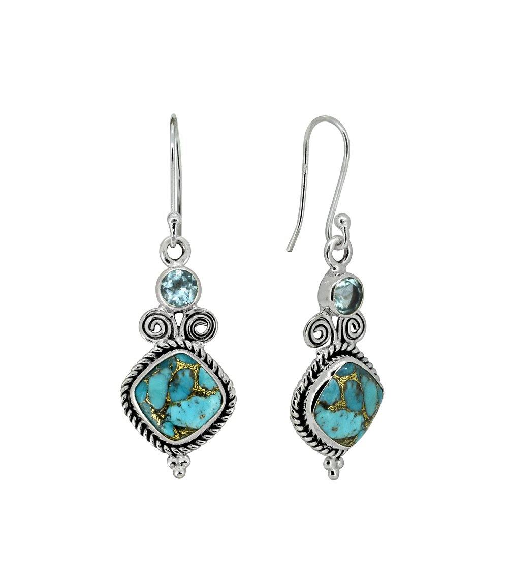 1.81" Blue Copper Turquoise Solid 925 Sterling Silver Dangle Earrings - YoTreasure