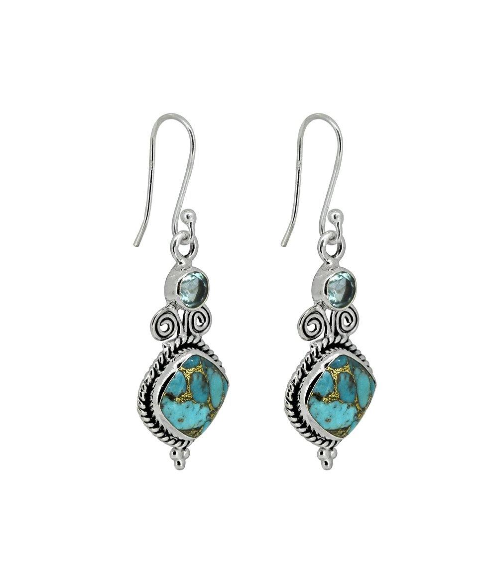 1.81" Blue Copper Turquoise Solid 925 Sterling Silver Dangle Earrings - YoTreasure