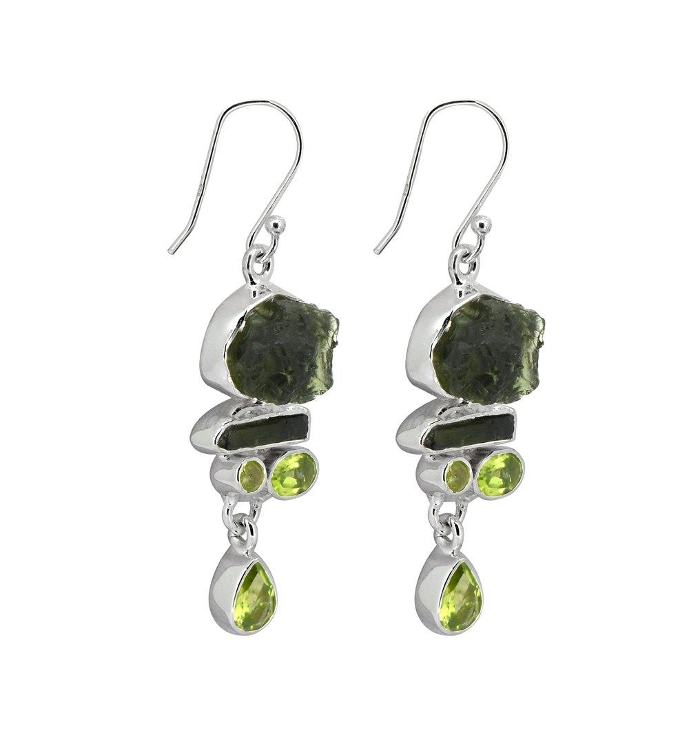 2" Moldavite Raw Tourmaline Solid 925 Sterling Silver Dangle Earrings Jewelry - YoTreasure