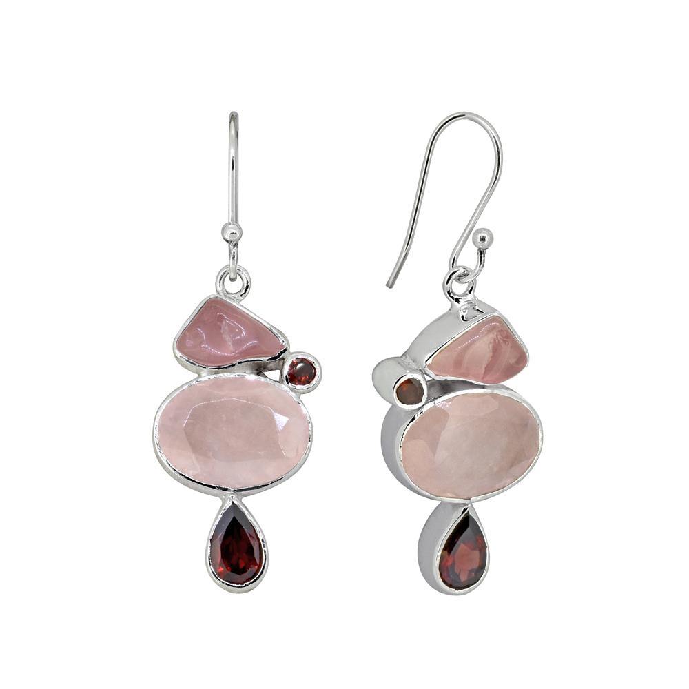 1.77" Rose Quartz Garnet Solid 925 Sterling Silver Dangle Earrings Jewelry - YoTreasure