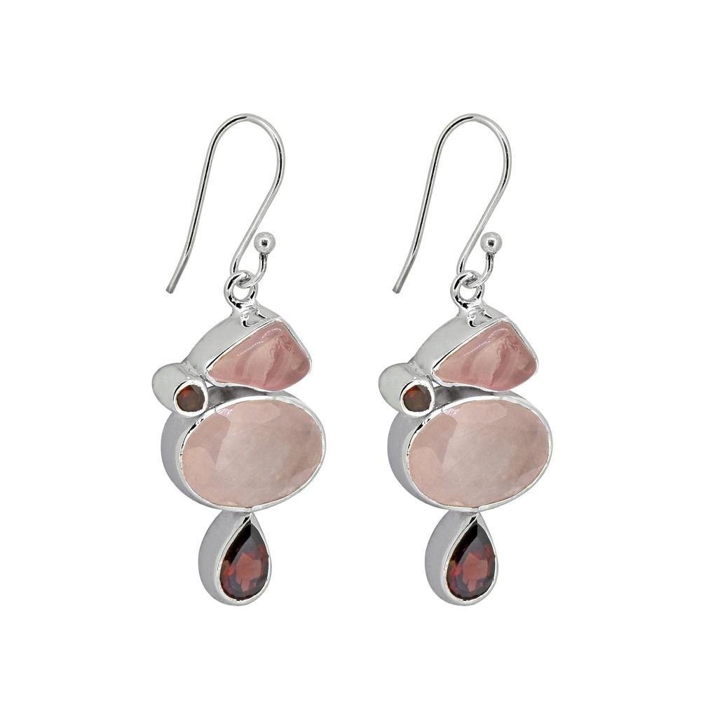 1.77" Rose Quartz Garnet Solid 925 Sterling Silver Dangle Earrings Jewelry - YoTreasure