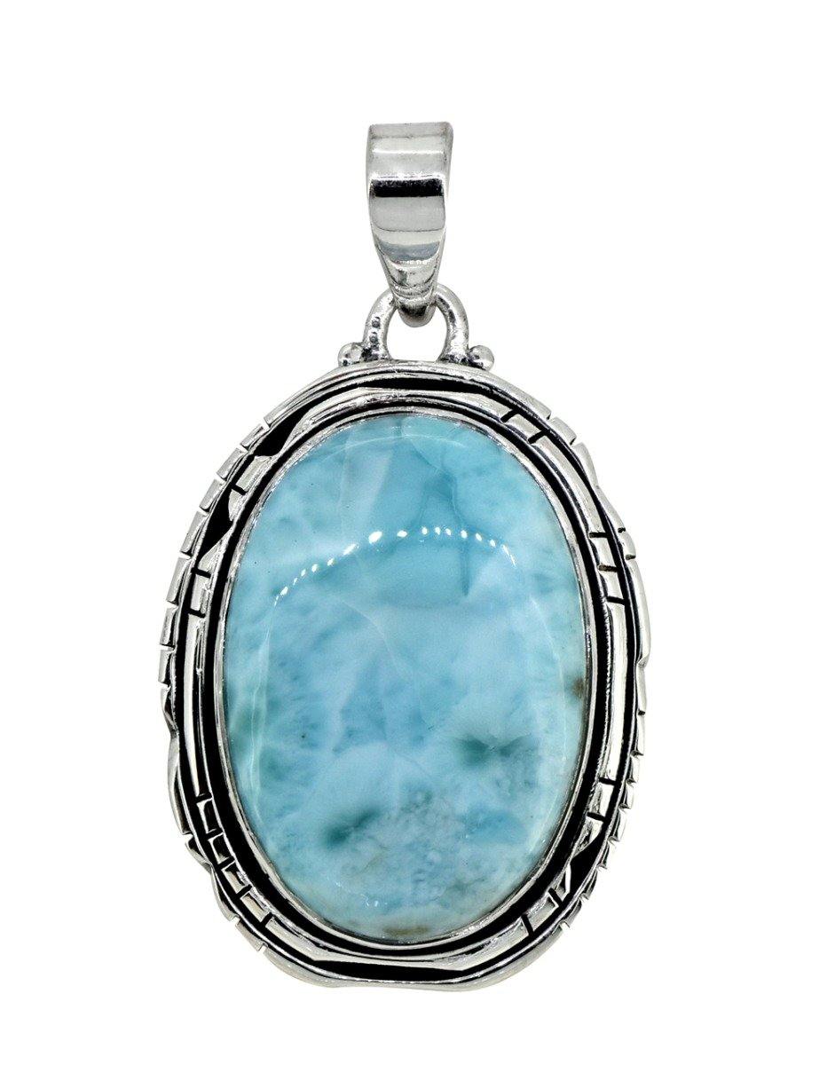 Natural Larimar Solid 925 Sterling Silver Pendant Silver 1 3/4" - YoTreasure