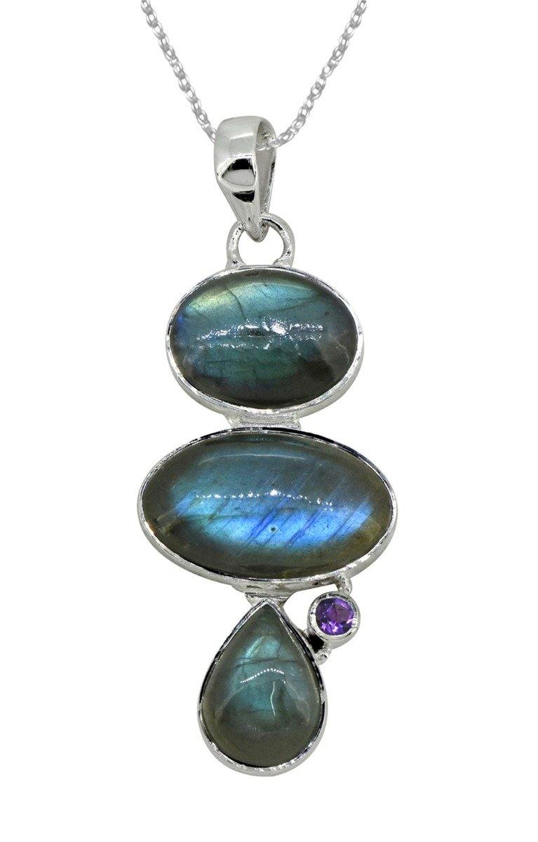 Labradorite Amethyst Solid 925 Sterling Silver Pendant 3" - YoTreasure