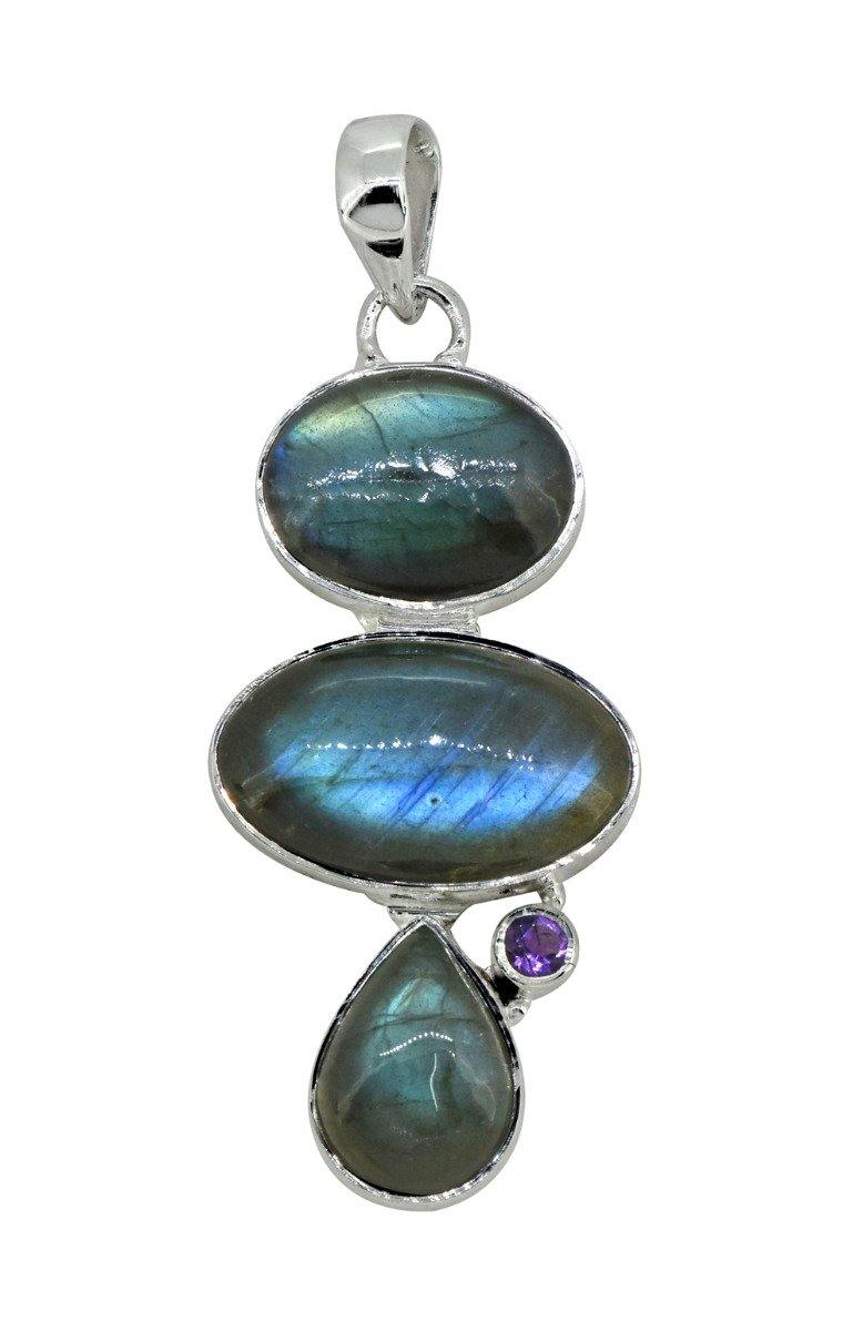 Labradorite Amethyst Solid 925 Sterling Silver Pendant 3" - YoTreasure