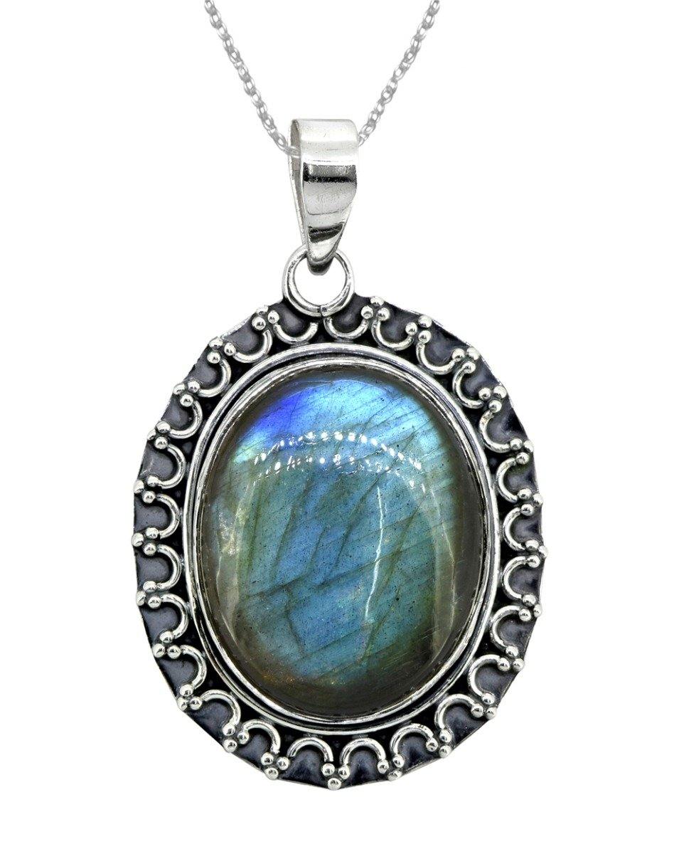 Labradorite Solid 925 Sterling Silver Pendant 1 3/4" - YoTreasure