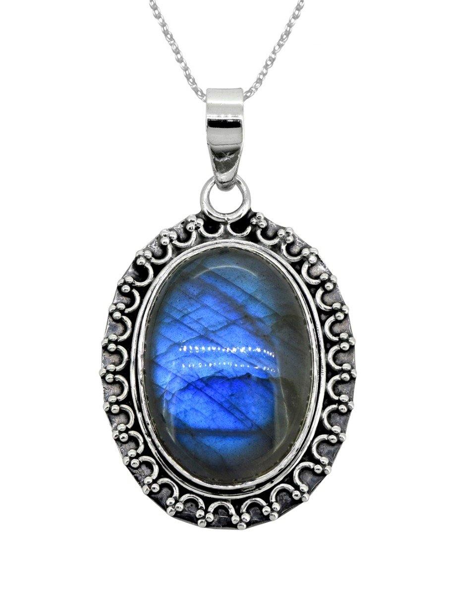 Labradorite Solid 925 Sterling Silver Pendant 1 3/4" - YoTreasure