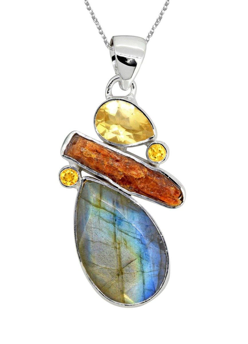 Labradorite Orange Kyanite Solid 925 Sterling Silver Pendant Necklace - YoTreasure