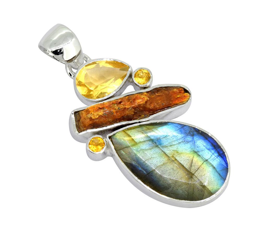 Labradorite Orange Kyanite Solid 925 Sterling Silver Pendant Necklace - YoTreasure