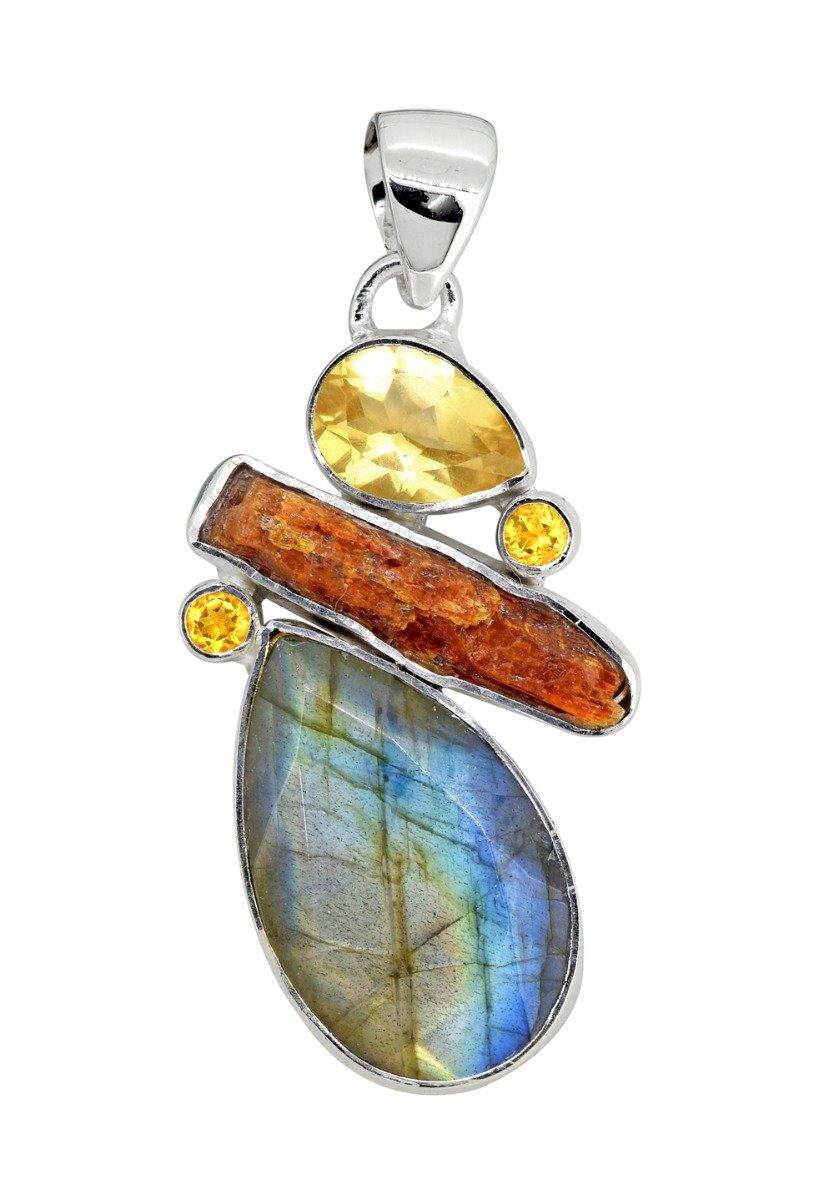 Labradorite Orange Kyanite Solid 925 Sterling Silver Pendant Necklace - YoTreasure