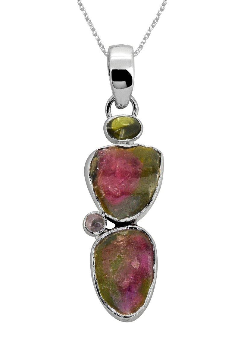 Watermelon Tourmaline Solid 925 Sterling Silver Long Chain Pendant - YoTreasure