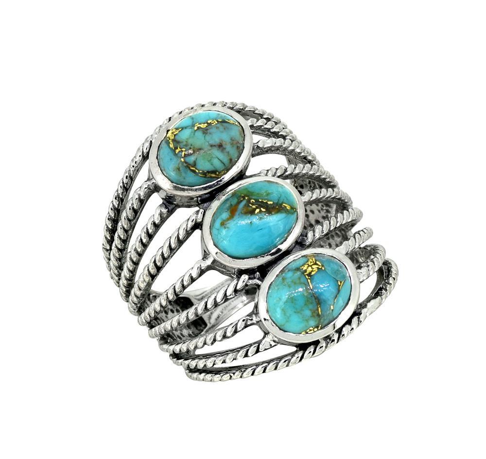 Turquoise Solid 925 Sterling Silver Multi Layer Gemstone Ring - YoTreasure