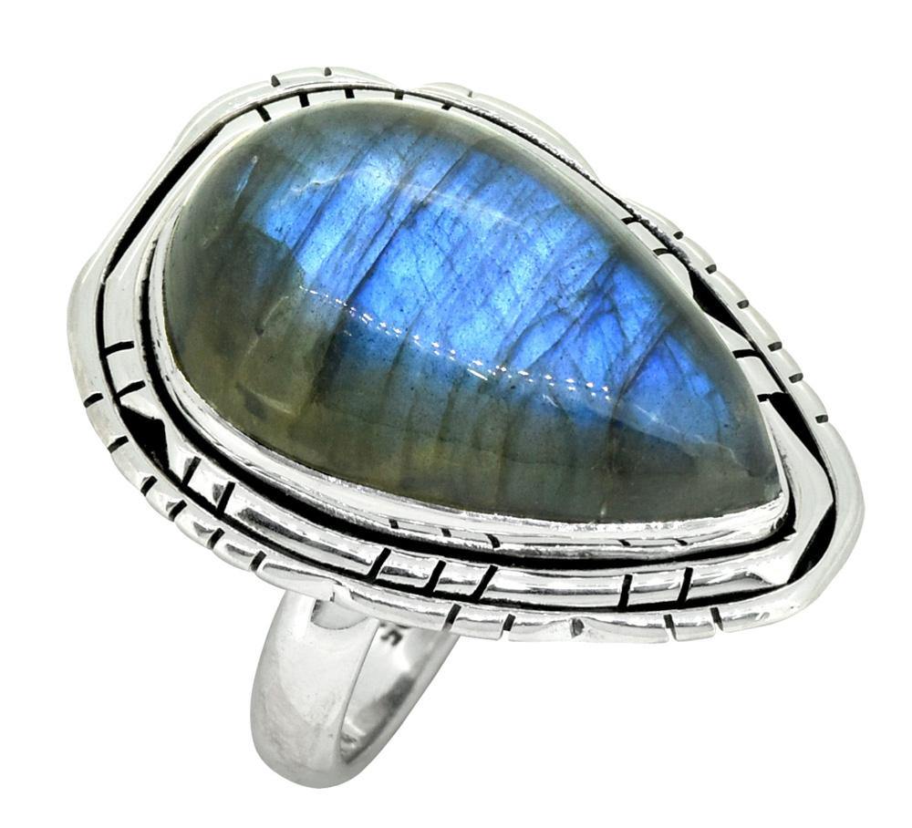 Labradorite Solid 925 Sterling Silver Blue Fire Teardrop Gemstone Ring - YoTreasure