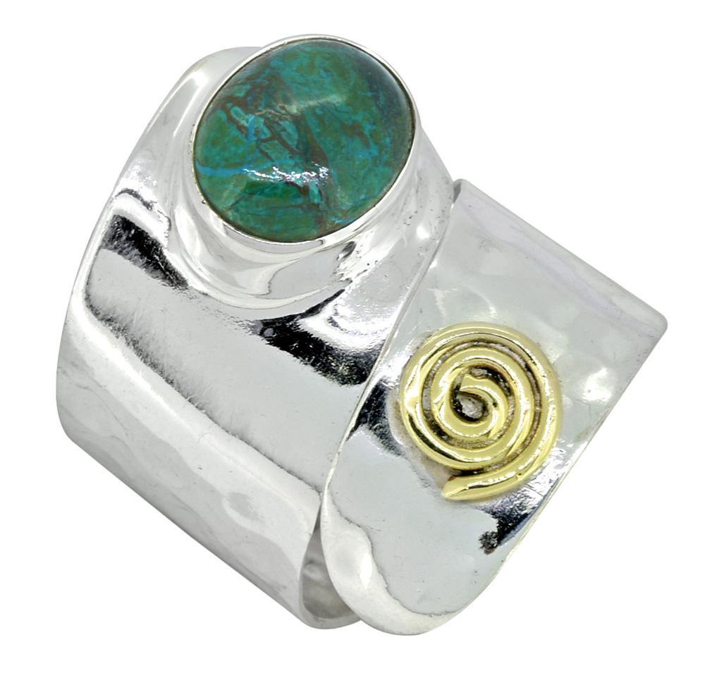 Natural Chrysocolla Solid 925 Sterling Silver Brass Ring Jewelry - YoTreasure