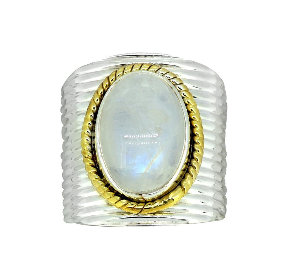 Rainbow Moonstone Solid 925 Sterling Silver Brass Hammered Ring Jewelry - YoTreasure