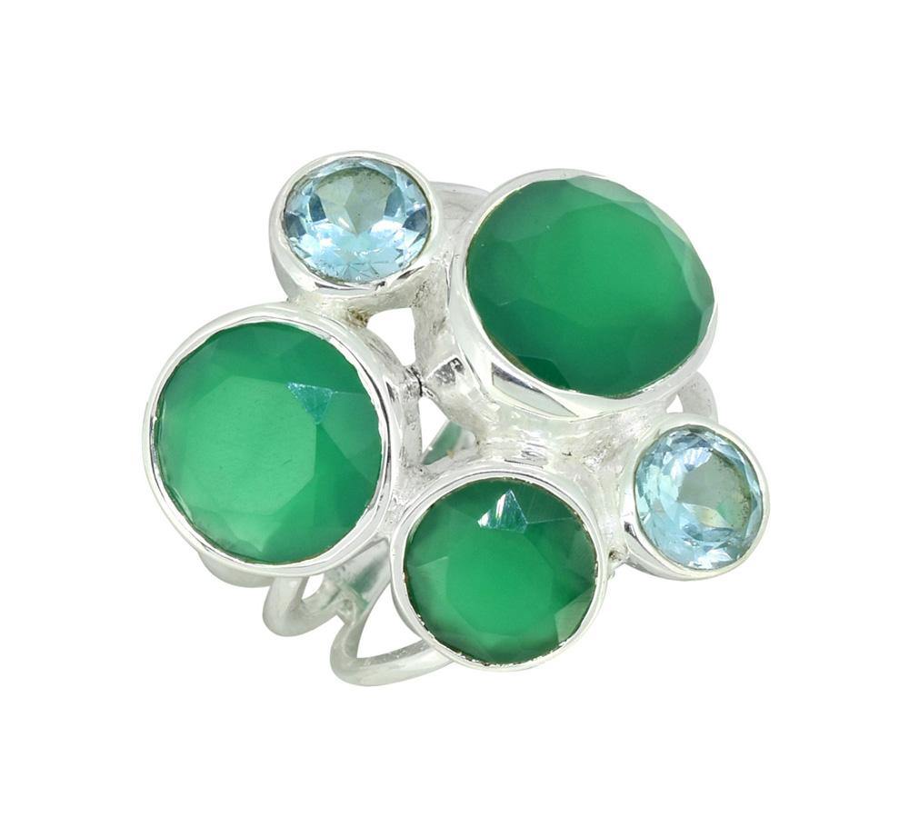 Green Onyx Blue Topaz Solid 925 Sterling Silver Designer Ring Jewelry - YoTreasure