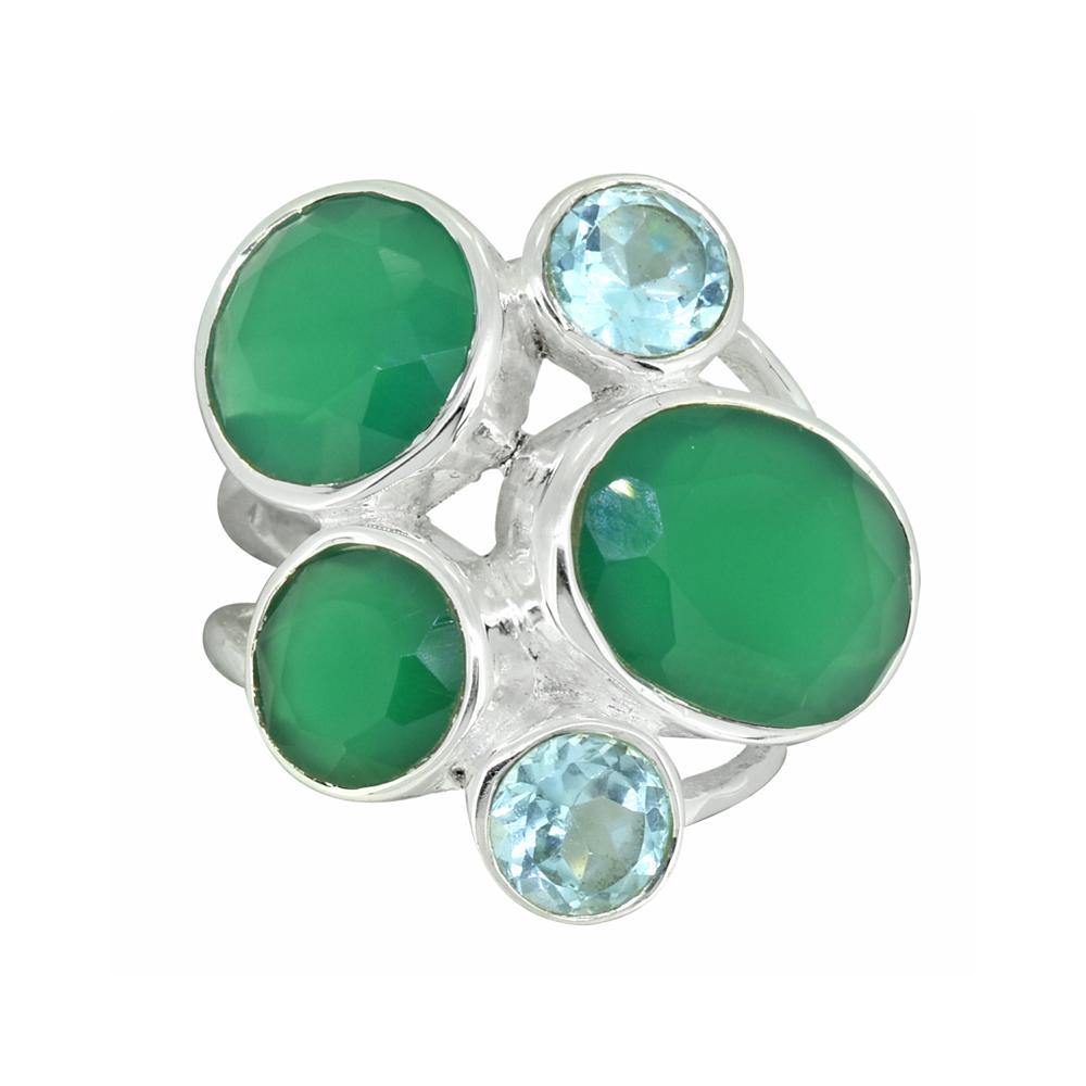Green Onyx Blue Topaz Solid 925 Sterling Silver Designer Ring Jewelry - YoTreasure