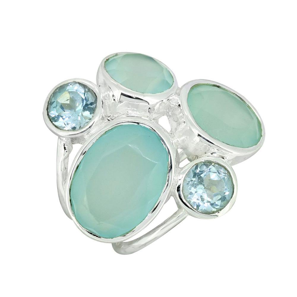 Aqua Chalcedony Blue Topaz Ring Solid 925 Sterling Silver Gemstone Jewelry - YoTreasure