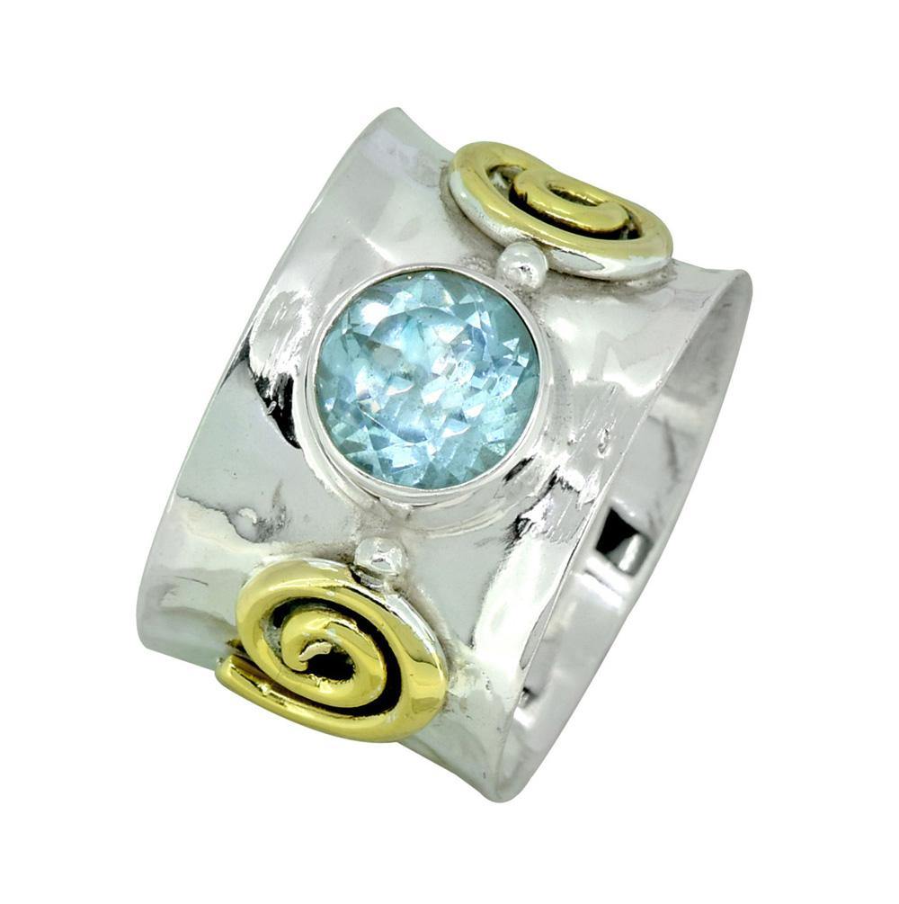 Blue Topaz Solid 925 Sterling Silver Brass Two Tone Ring Jewelry - YoTreasure
