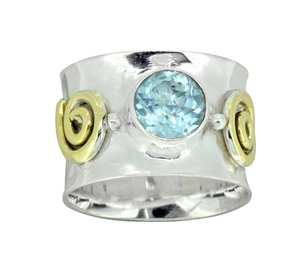 Blue Topaz Solid 925 Sterling Silver Brass Two Tone Ring Jewelry - YoTreasure