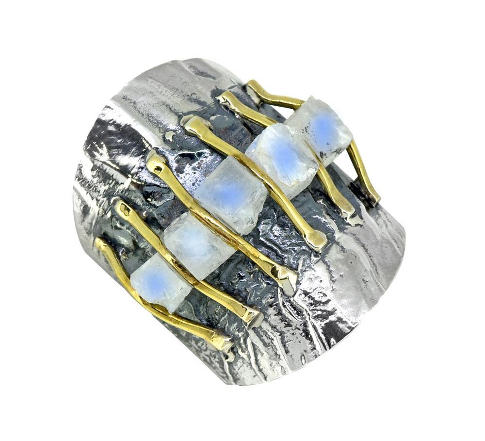 Raw Moonstone Solid 925 Sterling Silver Brass Two Tone Hammered Ring Jewelry - YoTreasure