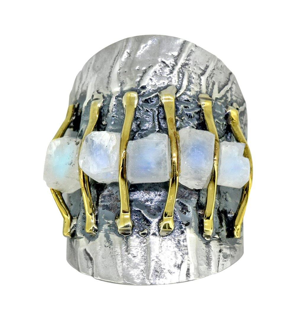 Raw Moonstone Solid 925 Sterling Silver Brass Two Tone Hammered Ring Jewelry - YoTreasure