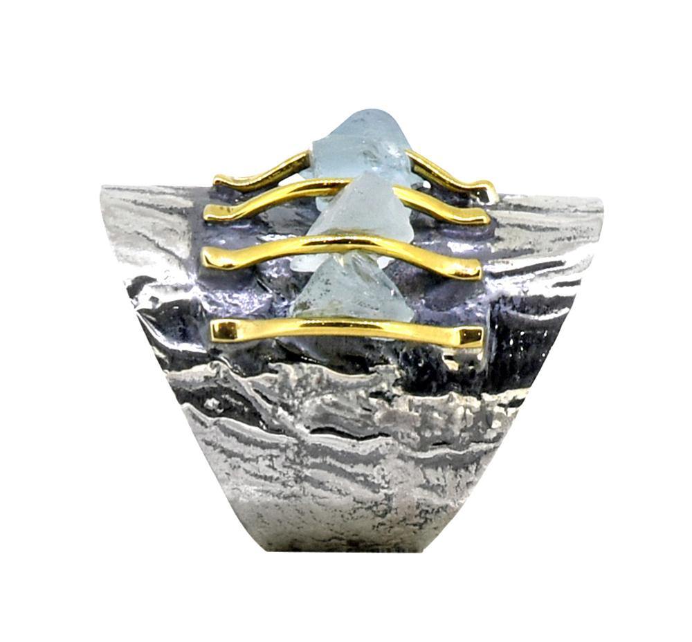 Rough Blue Topaz Solid 925 Sterling Silver Brass Hammered Ring Jewelry - YoTreasure