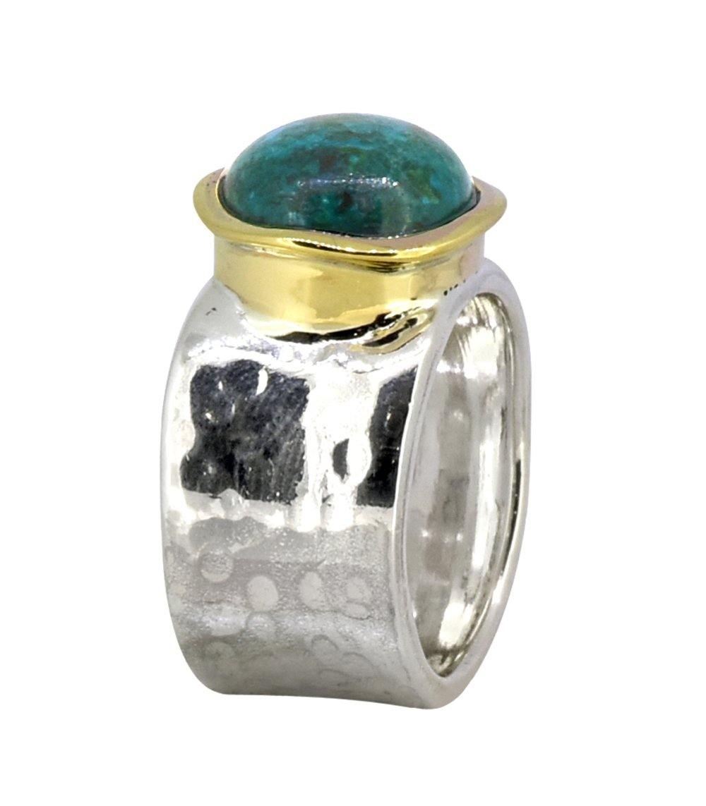 Natural Chrysocolla Solid 925 Sterling Silver Brass Hammered Ring Jewelry - YoTreasure