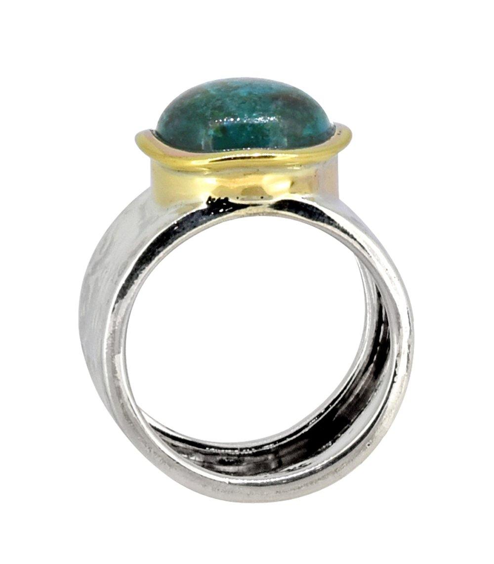 Natural Chrysocolla Solid 925 Sterling Silver Brass Hammered Ring Jewelry - YoTreasure