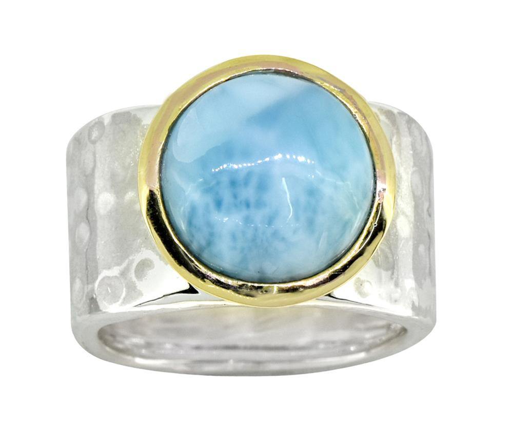 Natural Larimar Solid 925 Sterling Silver Brass Hammered Ring Jewelry - YoTreasure