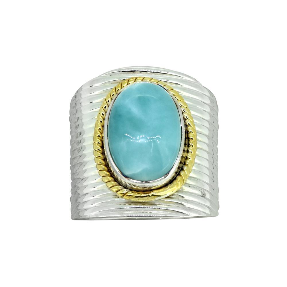 Natural Larimar Solid 925 Sterling Silver Brass Hammered Ring Jewelry - YoTreasure