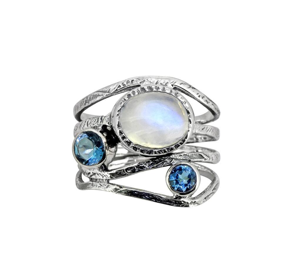 Yotreasure | Moonstone London Blue Topaz Solid 925 Sterling Silver Designer Bypass Ring Jewelry 7