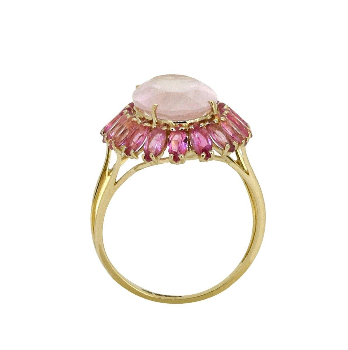 7.51 Ct Rose Quartz Pink Tourmaline Solid 14k Yellow Gold Cluster Ring Jewelry - YoTreasure
