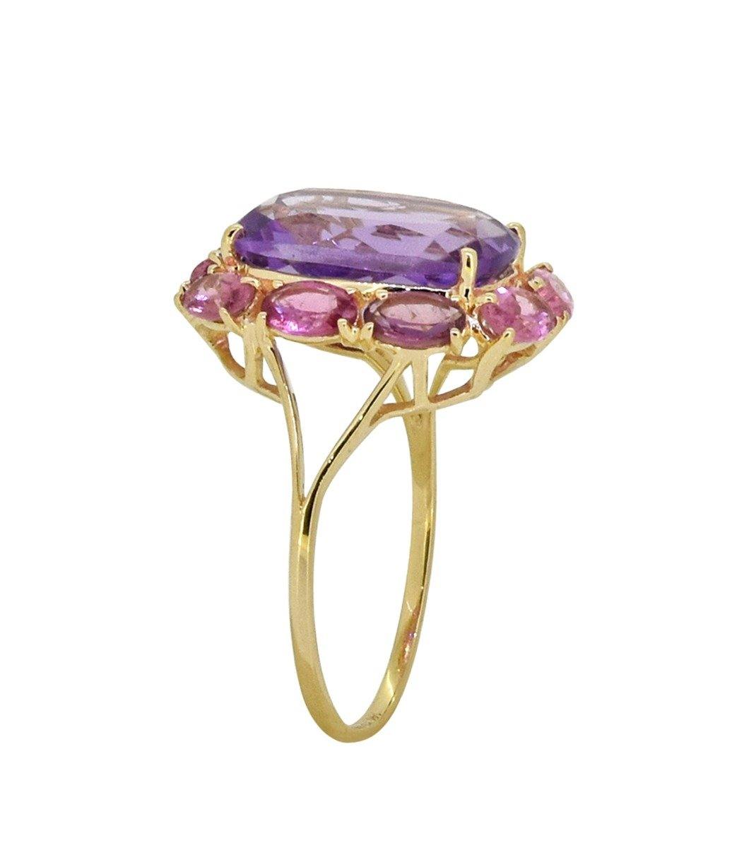 8.30 Ct Pink Amethyst Tourmaline Solid 14k Yellow Gold Cluster Ring Jewelry - YoTreasure
