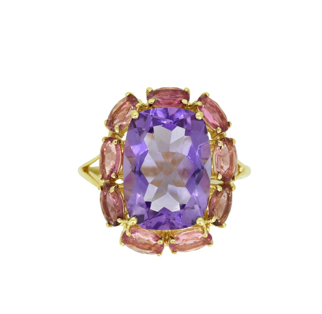 8.30 Ct Pink Amethyst Tourmaline Solid 14k Yellow Gold Cluster Ring Jewelry - YoTreasure