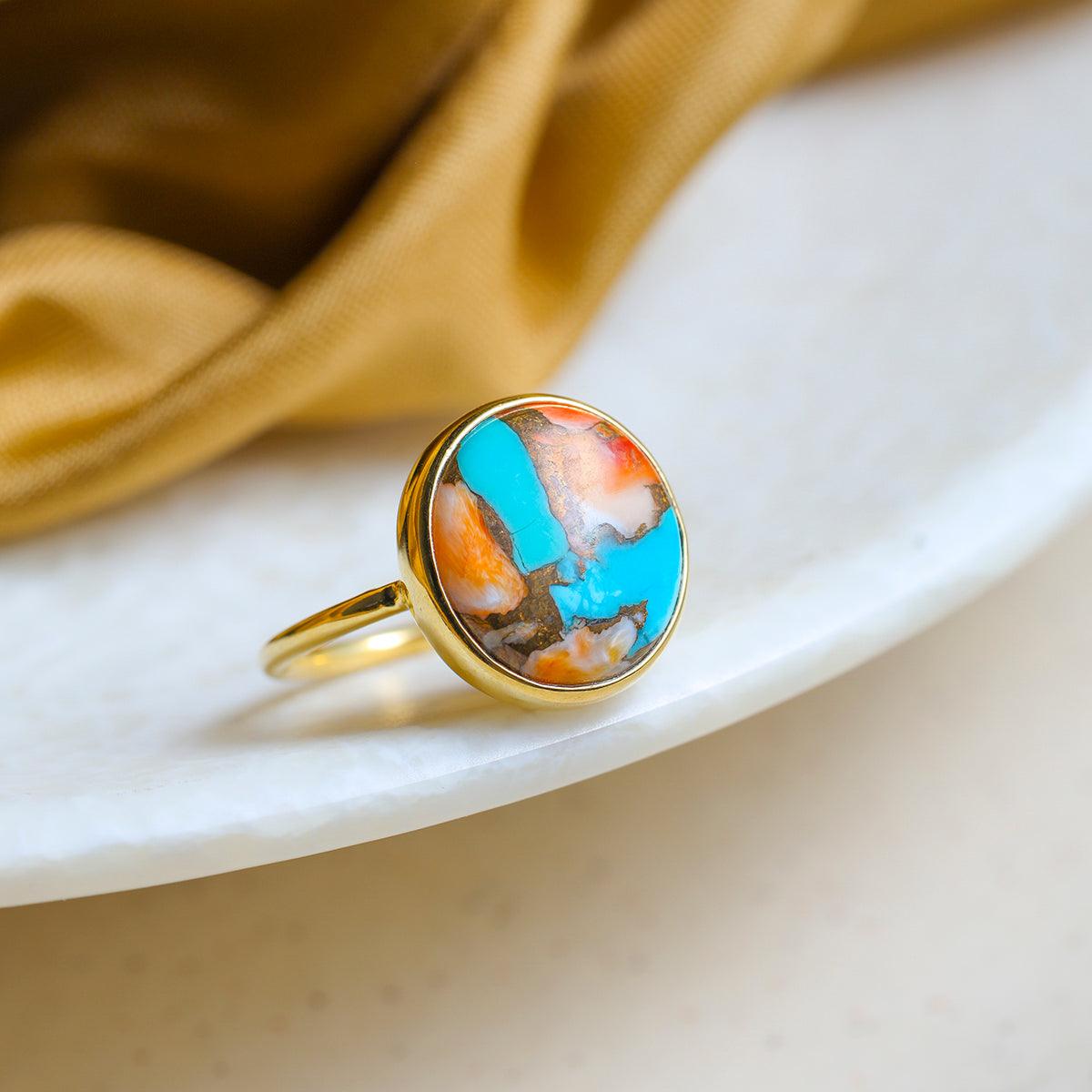 Oyster Copper Turquoise Solitaire Ring 14k Gold Over 925 Silver - YoTreasure