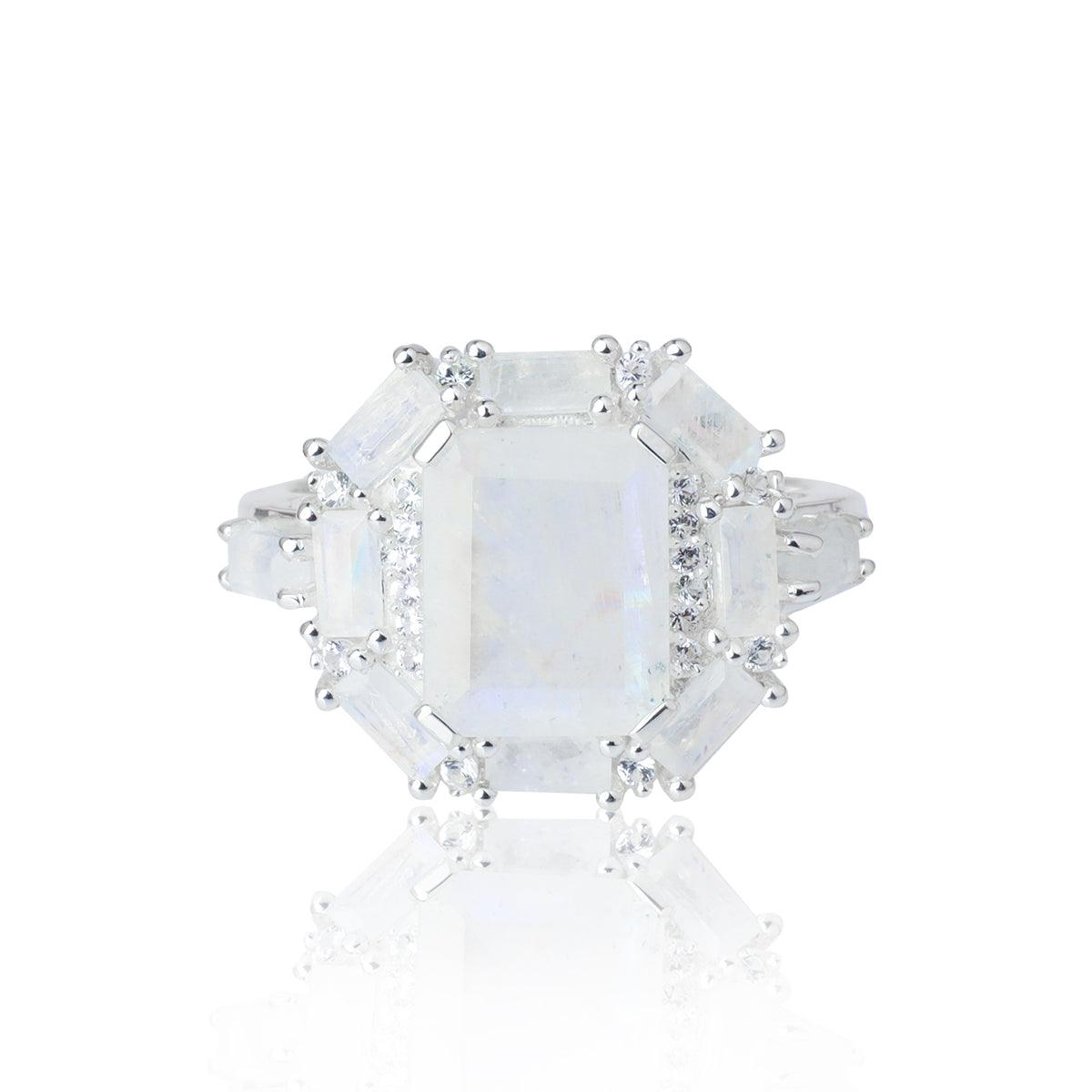 Rainbow Moonstone & White Sapphire Ring in 925 Sterling Silver - YoTreasure