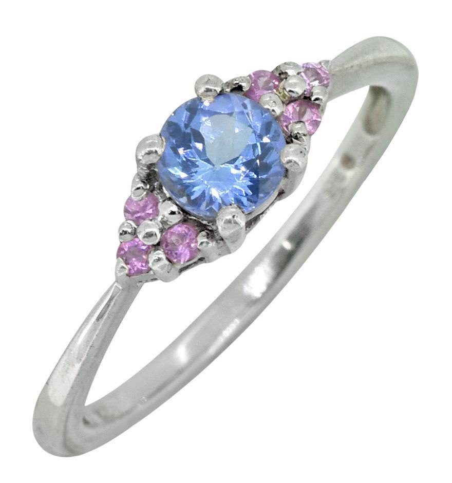 Solid 925 Sterling Silver Round Blue Tanzanite & Pink Sapphire Ring - YoTreasure