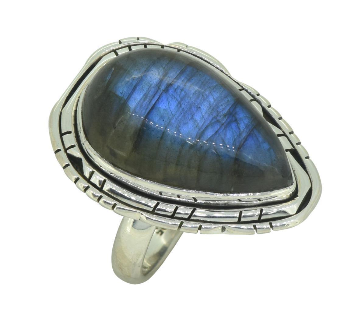Labradorite Solid 925 Sterling Silver Blue Fire Teardrop Gemstone Ring - YoTreasure
