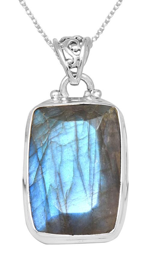Labradorite 1 1/2" Long 925 Solid Sterling Silver Pendant With 18" Chain - YoTreasure