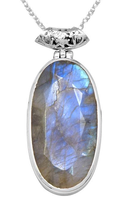 Labradorite 2" Long 925 Solid Sterling Silver Pendant With 18" Chain Necklace - YoTreasure