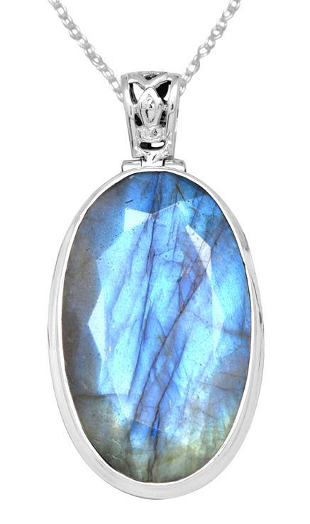 Labradorite 2" Long 925 Solid Sterling Silver Pendant With 18" Chain - YoTreasure