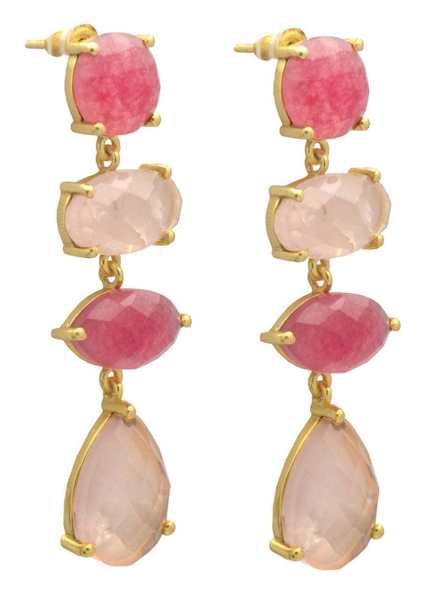 Pink Aventurine , Rose Quartz Gold Plated Over Brass Drop Earrings Jewelry - YoTreasure