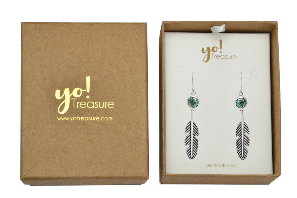 Turquoise Solid 925 Sterling Silver Leaf Dangle Earrings - YoTreasure